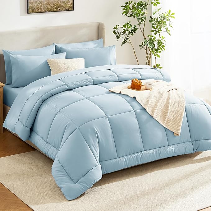 CozyLux Queen Comforter Set Light Blue, 7 Pieces Bed in a Bag, Blue Comforters Queen Size, All Season Bedding Sets with Stitch Quilted Comforter, Flat Sheet, Fitted Sheet, Pillowcases