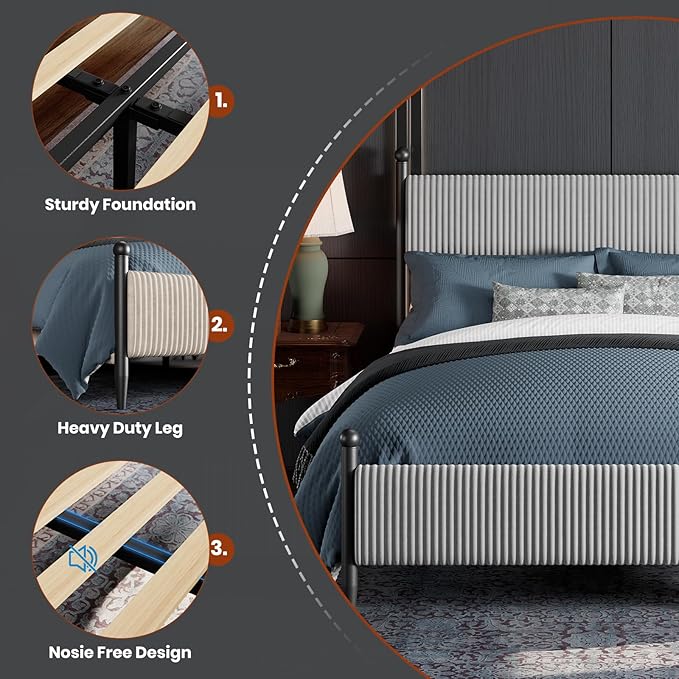 Garvee Full Size Upholstered Bed Frame - with Velvet Headboard, Soft Corduroy Fabric Platform with Wooden Slats Support & Heavy Duty Feet, No Box Spring Needed, Noise Free, Easy Assembly, Grey