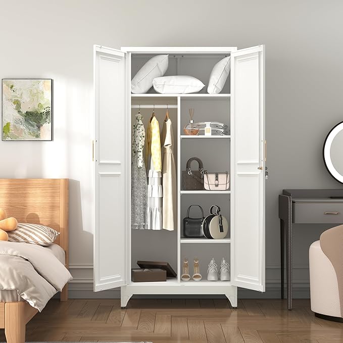 SteeLoong Metal Wardrobe Closet,71" H Wardrobe Cabinet with Locking Doors,White Clothing Storage Cabinets with Hanging Rod and 3 Adjustable Shelves,Armoire Wardrobe Closet for Home Office,School,Gym