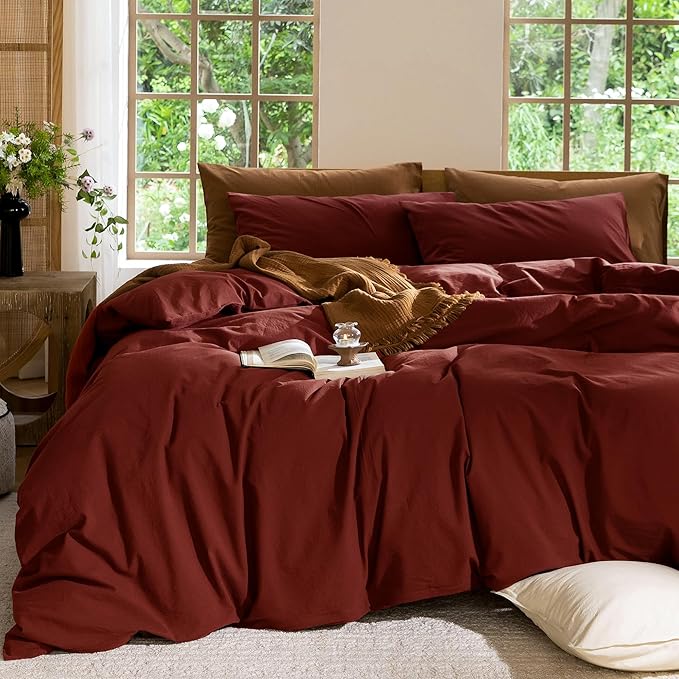MooMee Bedding Duvet Cover Set 100% Washed Cotton Linen Like Textured Breathable Durable Soft Comfy (Solid Fired Brick Red, Full 80"x90")