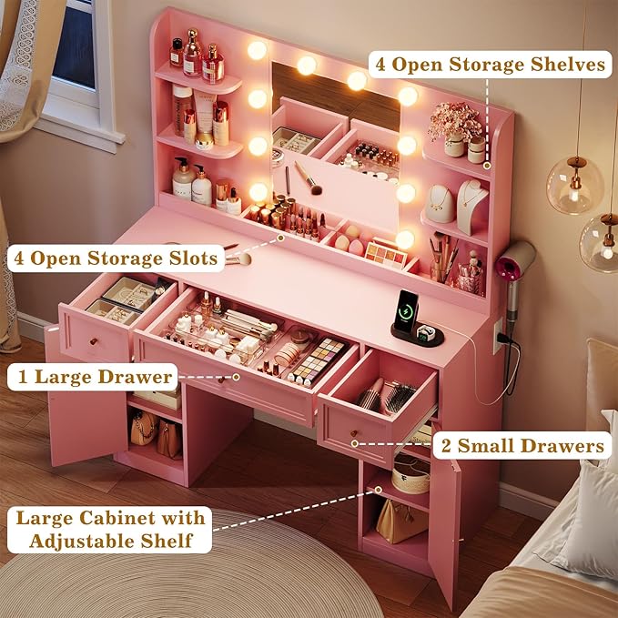 Large Vanity Desk with Mirror and Lights, Makeup Vanity with Power Outlets, 3 Drawers and 2 Large Cabinets, 3 Lighting Modes Adjustable Brightness, Dressing Table for Women Girls, Pink
