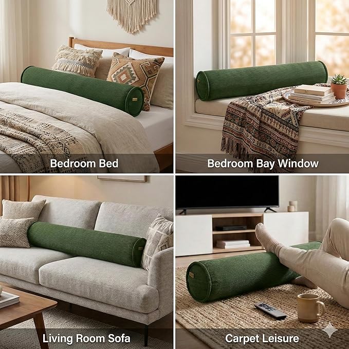 Body Pillow for Adults – Corduroy Long Round Bolster Pillow for Bed, Cuddle Pillow with Full Support for Side Sleepers & Restful Sleep,39 x 7.87 Inches,Avocado Green