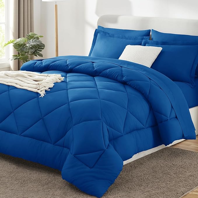 CozyLux Oversized Queen Comforter Set Classic Blue - 7 Pieces Bed in a Bag Comforter Set with Sheets, Luxury Soft Bed Set, Bedding Set with Down Alternative Comforter, Sheets, Pillowcases & Shams
