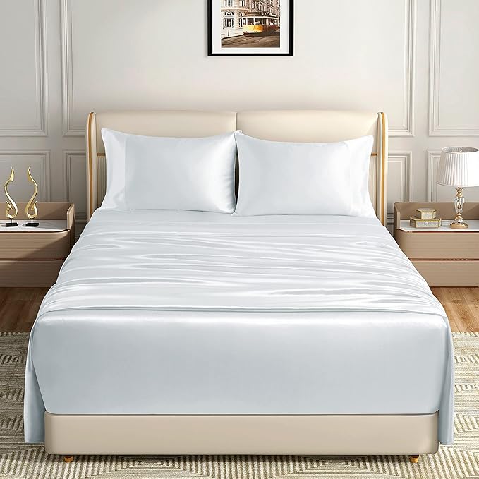 Homiest 4pcs Extra Deep Pocket Satin Sheets King Size Bed Set, 18-24 Inch Deep Pocket Bed Sheets White Satin Sheet Set, Silky Satin Bedding Set Luxury Fitted Sheet Set Fits Ultra Deep Mattress