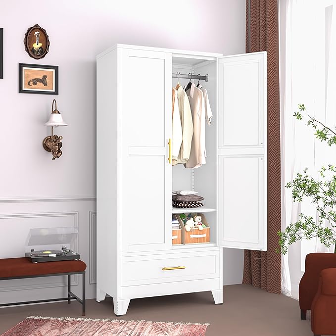 GAIOUS Steel Armoire Wardrobe Closet with 2 Doors, 71" Household Wardrobe Cabinet with Hanging Rod and Drawers, Metal Clothing Storage Cabinet with Adjustable Shelf for Bedroom, Cloak Room, Gym(White)