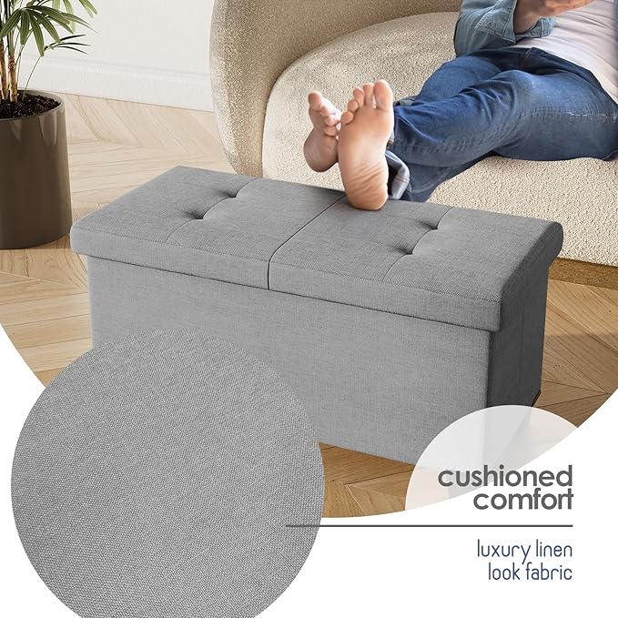 Storage Ottoman Bench with Bins, 30-in Storage Bench for Bedroom End of Bed, Folding Foot Rest Ottoman for Living Room Max 660lbs, Fabric Ottomans, Light Grey