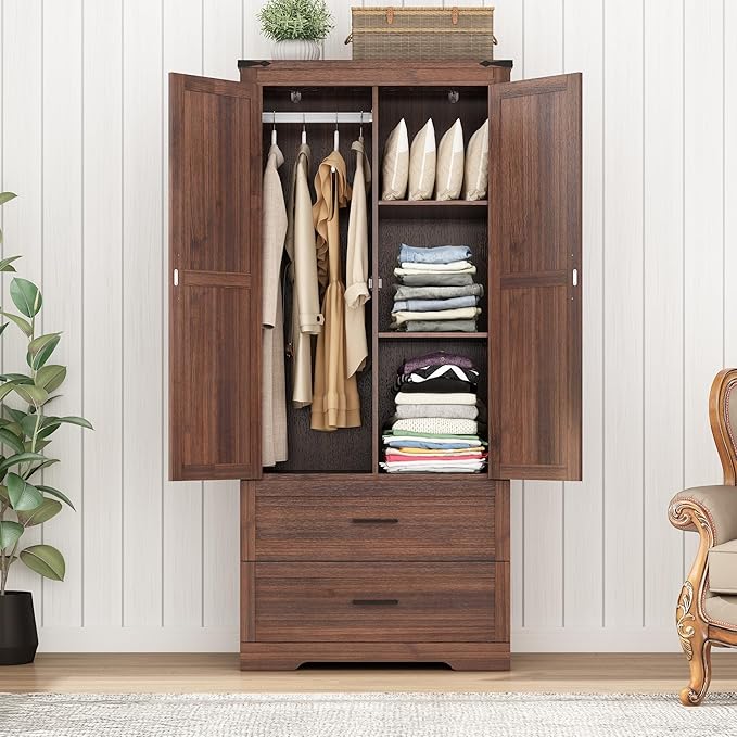 Hlivelood 2 Doors Wardrobe Armoire Closet with Doors and Drawers, Farmhouse Wooden Armoire Storage Cabinet with Shelves & Hanging Rod for Bedroom, Brown