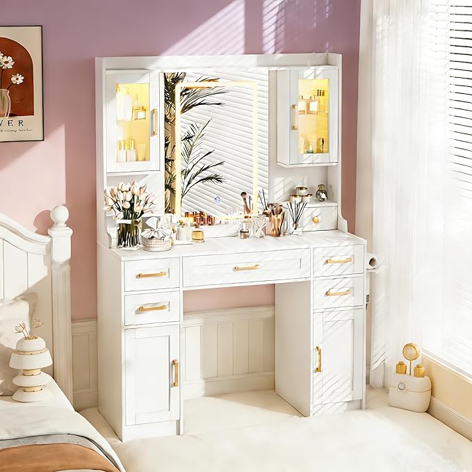 KAMABOKO Vanity Desk with Mirror and LED Lights & Power Outlet, Large Makeup Vanity Table with 5 Drawers and 4 Storage Cabinets, White Dressing Table for Bedroom