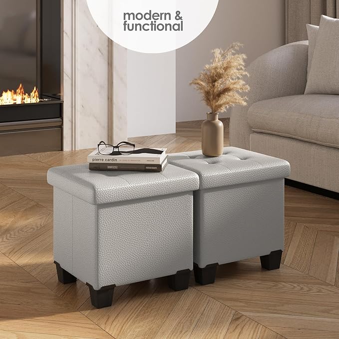 Storage Ottoman Cube with Small Bin, 15-in Square Ottoman with Storage for Living Room and Bedroom, Small Ottomans Foot Rest, Leather Foot Stools Ottomans Max 330lbs, Light Grey