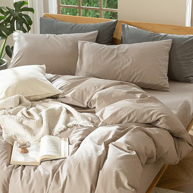 MooMee Bedding Duvet Cover Set 100% Washed Cotton Linen Like Textured Breathable Durable Soft Comfy (Heathered Taupe, Queen 90"x90")