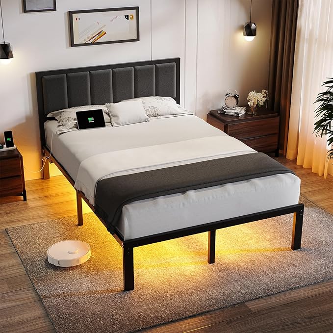 OLEVS Full Bed Frame with Headboard Metal Platform Bed Full Size with USB Charging Station and LED Lights, No Box Spring Needed