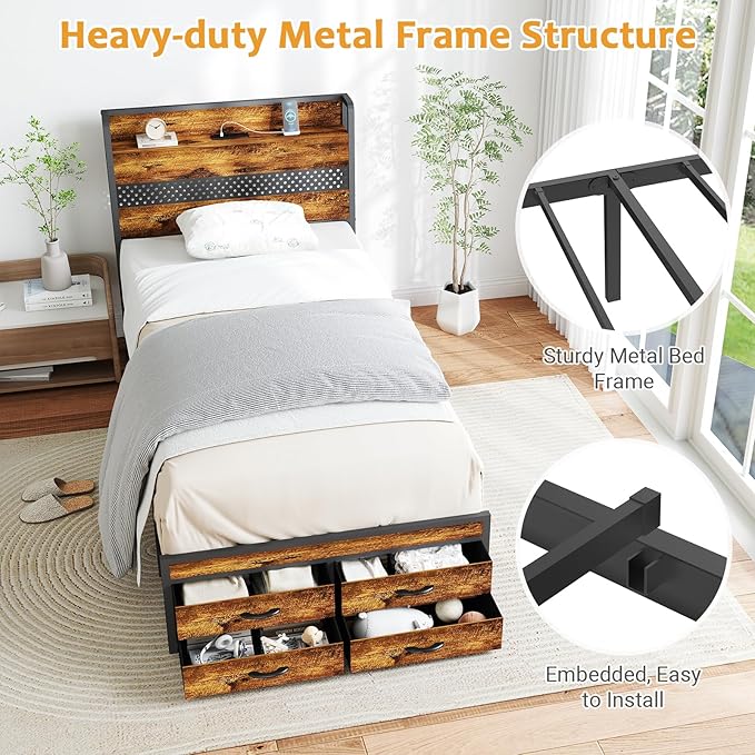 Zevemomo Twin Bed Frame with Storage Drawers, Twin Metal Bed Frame with LED Light and Charging Station, Heavy Duty Metal Slats, No Box Spring Needed, Rustic Brown