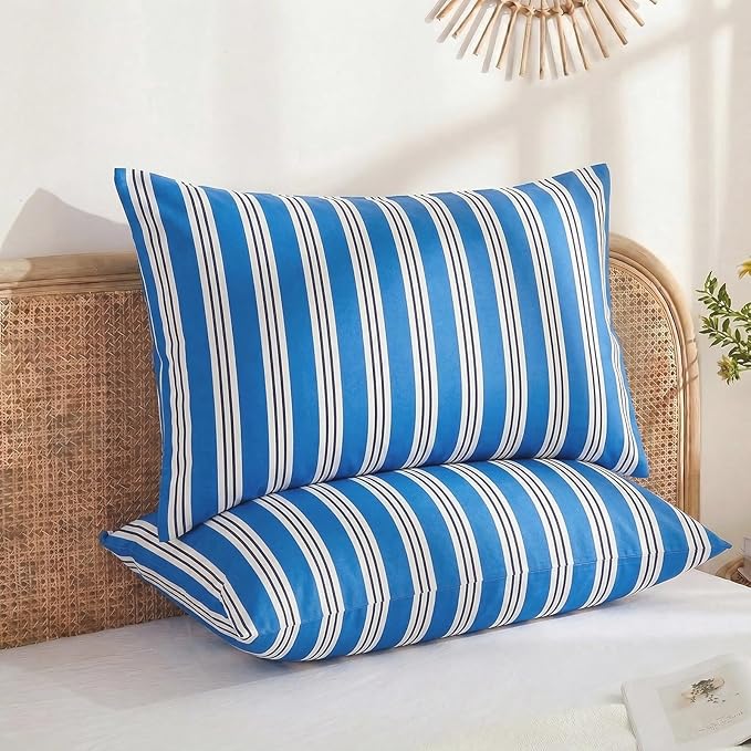 Merryword King Size Pillowcases, 100% Cotton Pillow Cases, Blue Striped Pillowcases, Soft Breathable Ribbon Stripe Pillow Covers, Set of 2