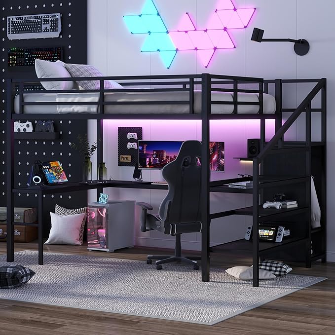 Queen Size Loft Bed with Desk and Wardrobe, Metal Heavy Duty Loft Bed with Storage Stairs, LED Lights, USB Port, LoftBed Frames for Kids, Junior, Space Saving, Noise Free (Black, Queen)