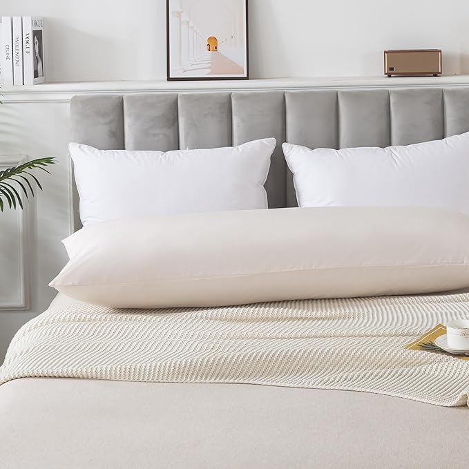 WhatsBedding Body Pillow Cover Cotton Fabric, Long Pillowcase Breathable & Skin-Friendly, Envelope Closure - Beige (20x54 inch)