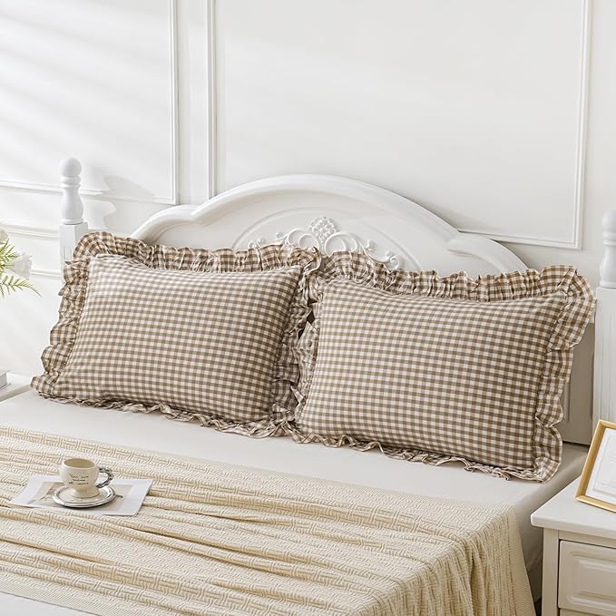 2 Pack Taupe White Plaid Gingham Ruffle Pillow Shams Standard Size 20x26 inches, 100% Washed Cotton Checkered Farmhouse Pillow Covers for Bed/Sofa (20x26 inches,Taupe/White Plaid)