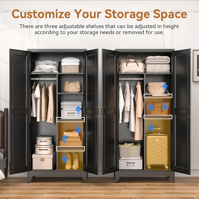 Polup Metal Armoire Wardrobe Closet, 71" Tall Wardrobe Cabinet with 2 Doors, Hanging Rod and Adjustable Shelves, Steel Clothing Storage Cabinet for Bedroom, Home, Gym, Office, Employee, Black
