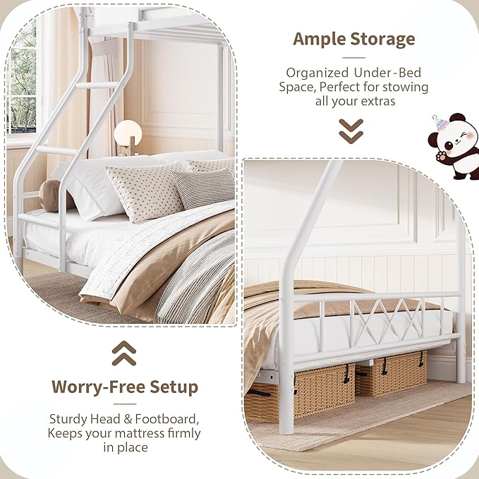 Garvee Bunk Bed Twin Over Full for Adults & Teens, Heavy Duty Metal with Ladder & Safety Rails, No Box Spring Required, Space Efficient Furniture for Bedroom, Dorm, White