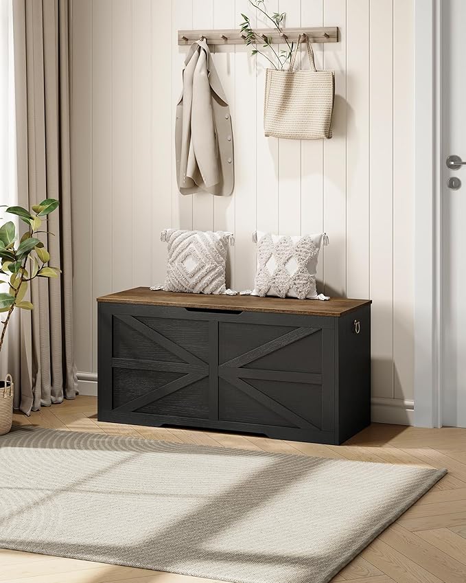 CHOEZON Storage Chest, 39.4" Wooden Storage Trunk, Modern Storage Bench with Safety Hinge, Toy Box, Farmhouse Style, for Bedroom, Living Room, Walnut and Black MCW10BL