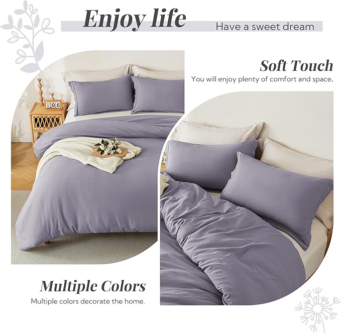 MILDLY Super Soft Duvet Cover - 100% Washed Microfiber Grayish Lavender Comforter Cover Set 3 Pieces with Zipper Closure & Corner Ties (No Comforter)