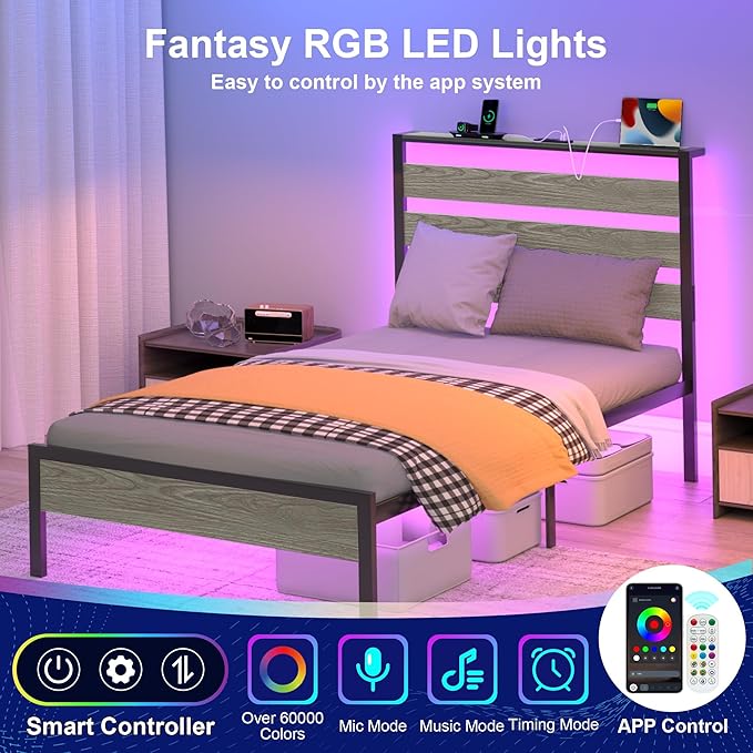 J.Fkne Twin Bed Frame with LED Lights & Charging Station, Metal Platform Bed with Headboard, Heavy Duty Metal Slats, No Box Spring Needed, Noise Free, Easy Assembly