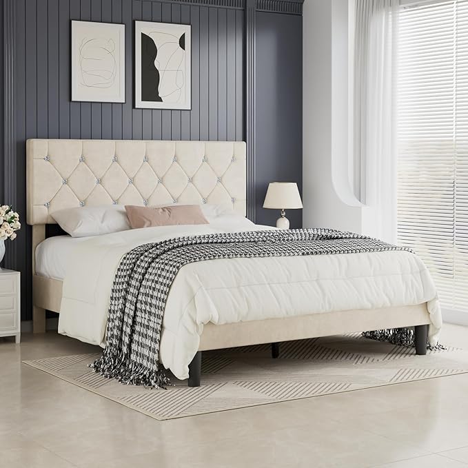 VECELO Queen Size Bed Frame with Diamond Tufted Headboard, Upholstered Platform Bedframe with Wood Slat Support, No Box Spring Needed, Pala Beige
