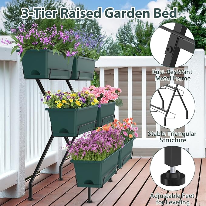 Sunexinlo 3-Tier Vertical Garden Planter with 6 Boxes, 31" Tall Raised Garden Bed with Adjustable Feet for Herbs, Flowers, Vegetables, Ideal for Indoor, Outdoor, Patio, Balcony, Deck Use, Green