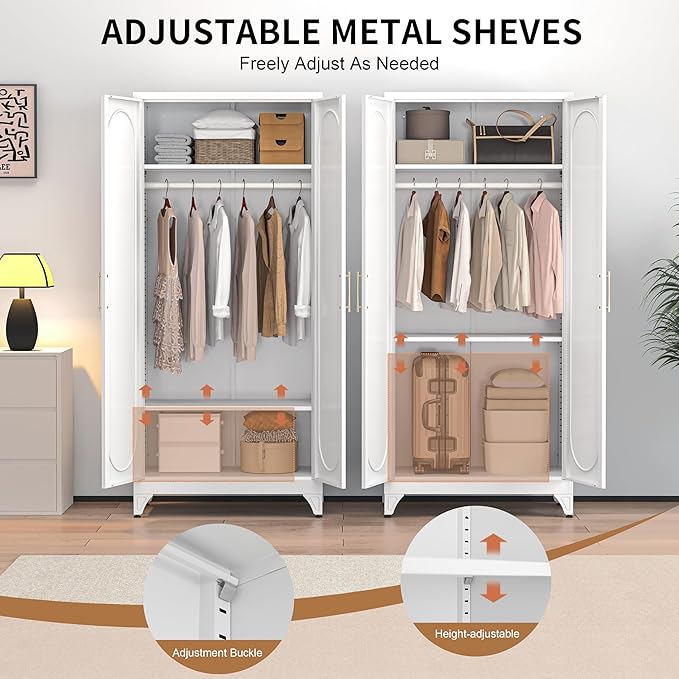 Metal Wardrobe Cabinets,White Armoire Wardrobe Closet with Hanging Rod,Clothes Storage Cabinet with Adjustable Shelves and Doors,Clothing Cabinet for Bedroom, Office, Laundry Room