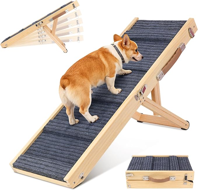 Dog Ramp for Bed, Adjustable Height 10" to 19.5" (5 Levels) Folding Ramp for Dogs to Get on Bed, Solid Wood Dog Ramps for Small Dogs Senior Dogs, Non-Slip Waterproof Easy Storage for Bed Couch
