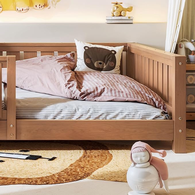 Bellemave Full Size Kids Montessori Bed with Bookshelf,Solid Wood Full Floor Bed Frame with Fence and Slats for Girls Boys,Low-Profile,Dark Natural