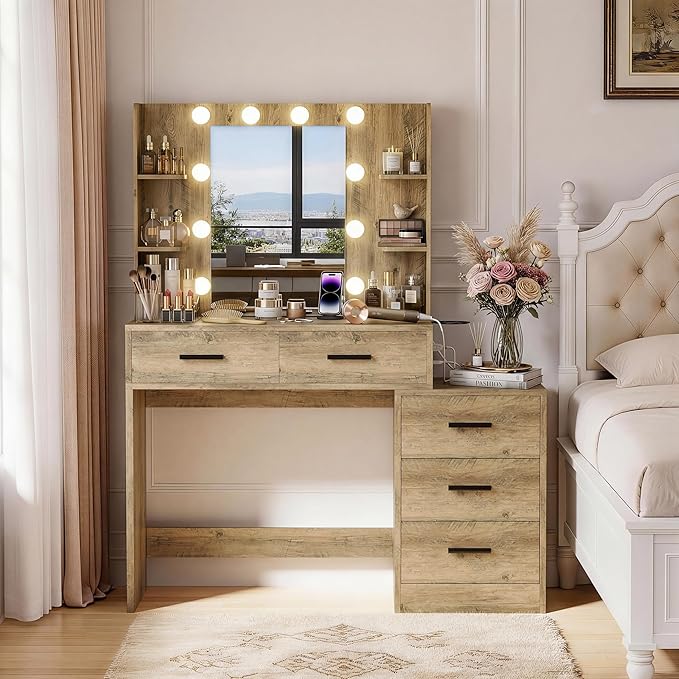 YESHOMY Makeup Vanity Desk with Mirror & Lights, Vanity Table with 5 Drawer, 6 Shelves, Charging Station for Bedroom, Dressing Room, Oak