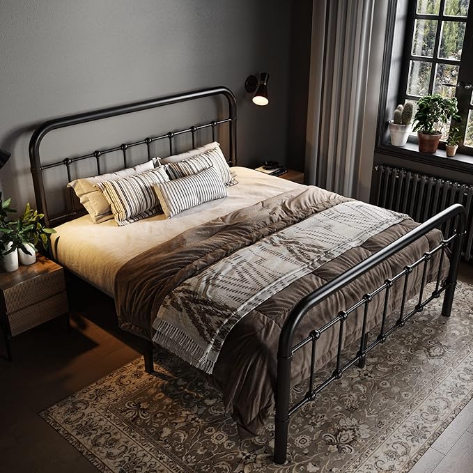 Allewie Full Size Metal Platform Bed Frame with Victorian Style Wrought Iron-Art Headboard/Footboard, No Box Spring Required, Black