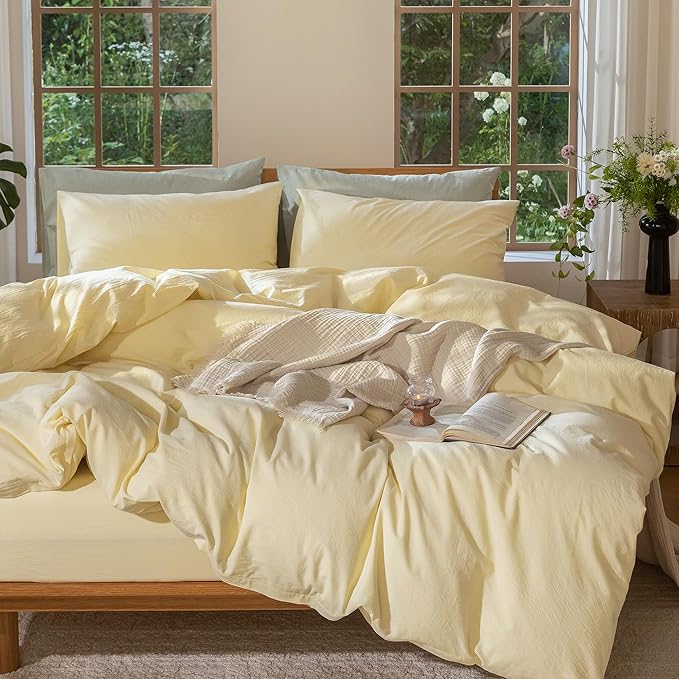 MooMee Bedding Duvet Cover Set 100% Washed Cotton Linen Like Textured Breathable Durable Soft Comfy (Heathered Butter Yellow, Cal King 104"x98")