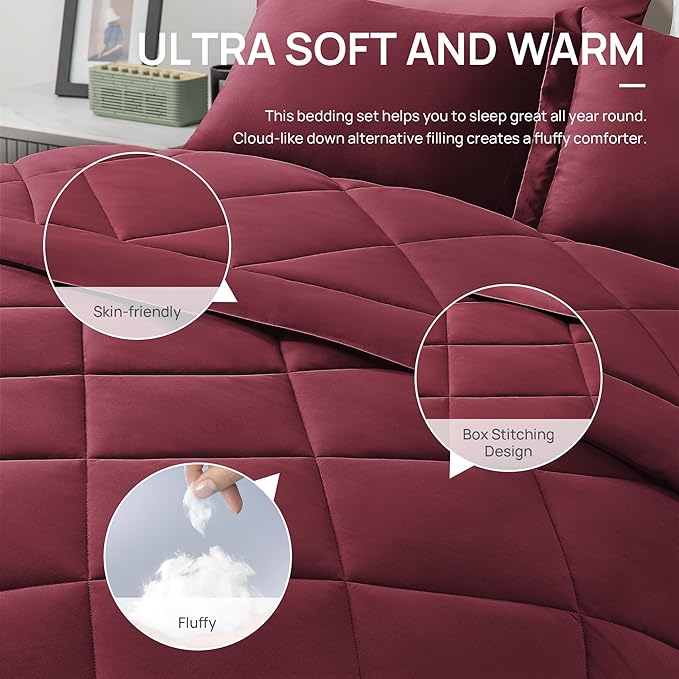 Love's cabin Queen Comforter Set Burgundy, 7 Pieces Queen Bed in a Bag, All Season Bedding Sets with 1 Comforter, 1 Flat Sheet, 1 Fitted Sheet, 2 Pillowcase and 2 Pillow Sham | Soft, Breathable, Lightweight, Comfortable