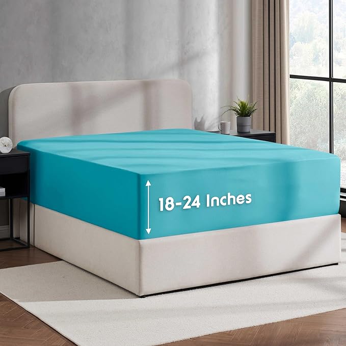 Nestl 4 Pack Bright Blue Fitted Sheet Extra Deep Pocket, Hotel Luxury FullFitted Sheet Only Easily Fits 18 to 24 Inch Mattress, Super Soft, Wrinkle-Free and Breathable with Corner Straps