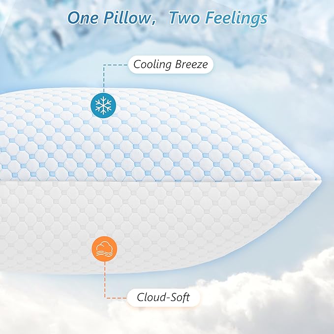 UYWO Cooling Firm Bed Pillows Set of 2, Shredded Memory Foam Pillows for Sleeping Luxury Gel Pillows for Side Back Stomach Sleepers with Removable Washable Cover(Blue, Standard)