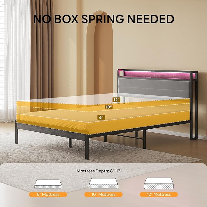 LIKIMIO Queen Bed Frame with Storage Headboard and LED Lights, Metal Platform Bed with Charging Station, Noise Free, No Box Spring Needed, Under Bed Storage, Charcoal Gray