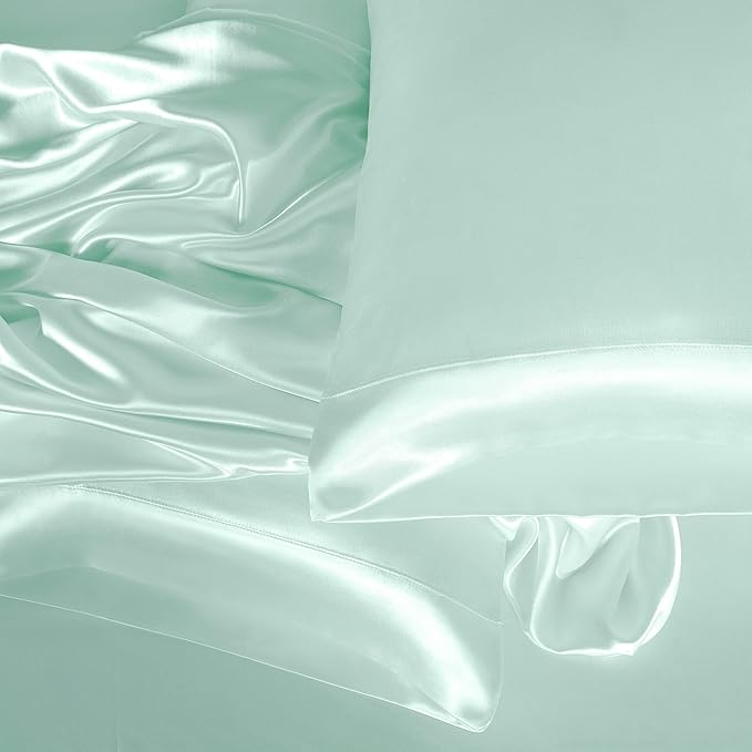 Homiest 3pcs Satin Sheets Set Luxury Silky Satin Bedding Set with Deep Pocket, 1 Fitted Sheet + 1 Flat Sheet + 1 Pillowcase (Twin Size, Mint Green)