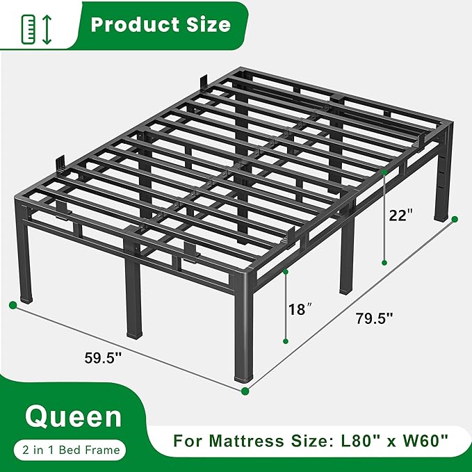 ROIL 22 Inch Queen Size Bed Frame, Metal Bed Frame & Box Spring 2 in 1 Platform with Round Corner Legs, 4000LBS Double Layer Bed Frame with Headboard Holes Mattress Baffles, Noise-Free Easy Assembly