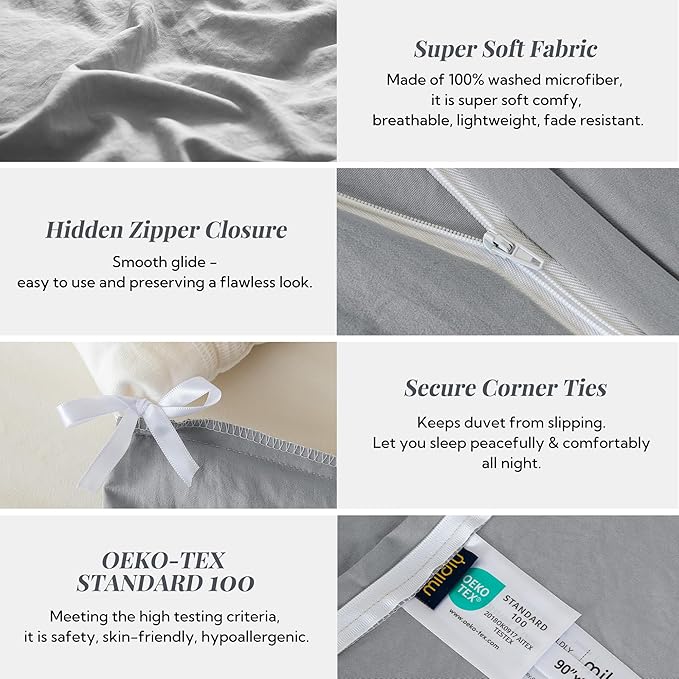 MILDLY Super Soft Duvet Cover - 100% Washed Microfiber Light Grey Comforter Cover Set 3 Pieces with Zipper Closure & Corner Ties (No Comforter)