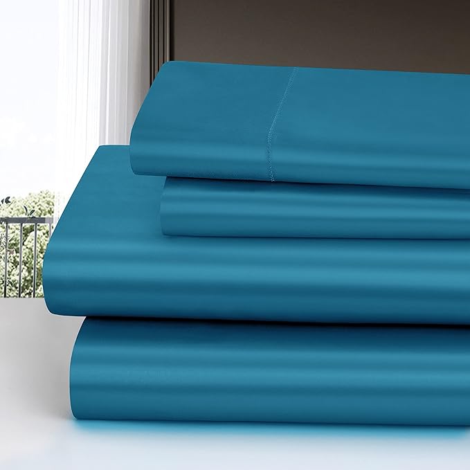 Homiest 4pcs Satin Sheets Set Luxury Silky Satin Bedding Set with Deep Pocket 1 Fitted Sheet + 1 Flat Sheet + 2 Pillowcases (King Size, Lake Blue)