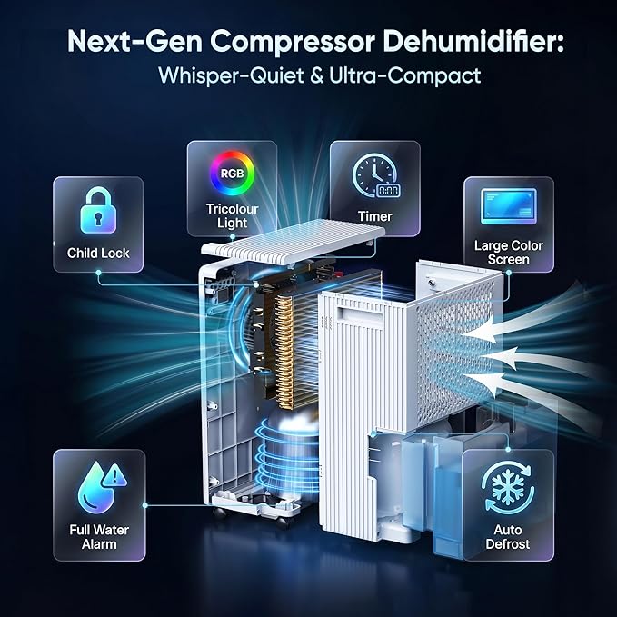 2500 Sq.Ft Dehumidifier for Basement with Drain Hose, Max 34 Pints Dehumidifiers for Home, Bedroom, Bathroom, Basement, Smart Humidity Presets, Three Modes, 24HR Timer, Quiet Operation