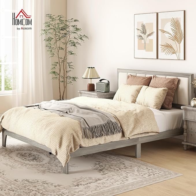 HOMCOM Queen Size Bed Frame with Upholstered Headboard, Platform Bed Frame with Wooden Slats, No Box Spring Needed, Easy Assembly, Gray