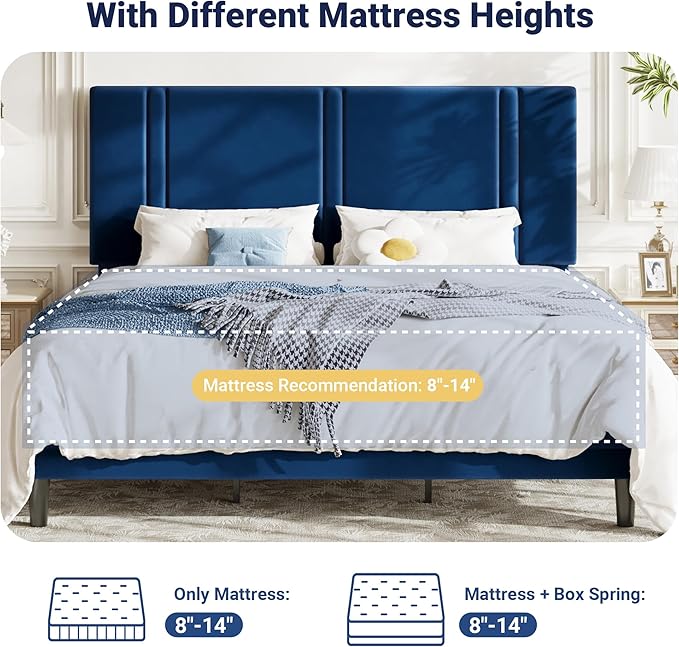 Allewie King Size Platform Bed Frame with Adjustable Headboard, Plush Velvet Upholstered, Vertical Channel Tufted, Sturdy Wooden Slats, No Box Spring Needed, Easy Assembly, Blue