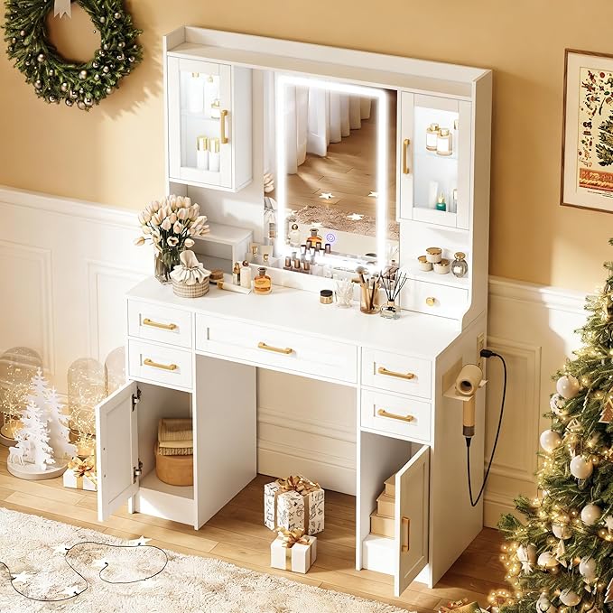 KAMABOKO Vanity Desk with Mirror and Lights, Makeup Vanity Table with Drawers & Shelves, Power Outlet, Dressing Table with Jewelry Storage for Bedroom (043 White)