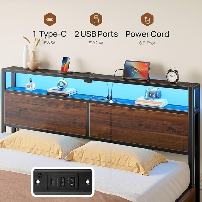 Rolanstar Twin Bed Frame with 4 Storage Drawers, Charging Station and LED Lights, Metal Platform Bed with 2-Tier Storage Headboard, No Box Spring Needed, Easy Assembly, Noise-Free, Walnut