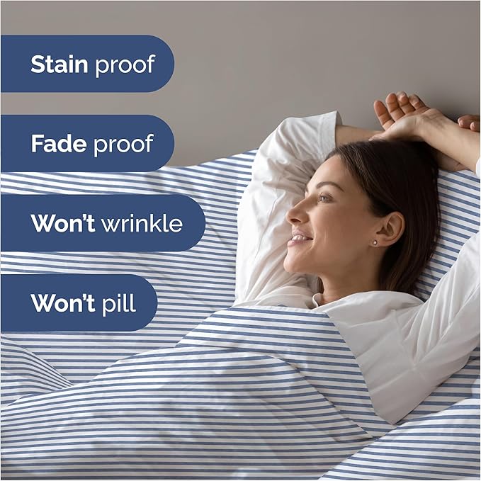 Duvet Cover King Size Set - Extra Soft King Duvet Cover 104" x 90" with 2 Pillow Shams - Hotel Luxury, Easy Care & Fade Free with Zipper Closures & Ties - All Season, Comfy & Breathable (Blue Stripes)