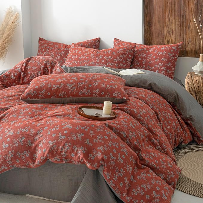 VM VOUGEMARKET Vintage Floral Duvet Cover Set King,Rust Red Double Layer Gauze Cotton Bedding, Soft Breathable Comforter Cover with Zipper Closure,3 Pieces