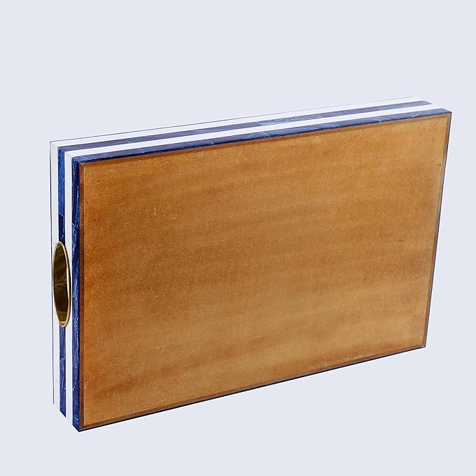 Handicrafts Home Blue White Striped Decorative Tray, Optique Madrid Collection, Rectangular Serving Tray with Handles, Modern Coffee Table Ottoman Tray, Resin Brass Inlay Handmade Hostess Tray 17x11