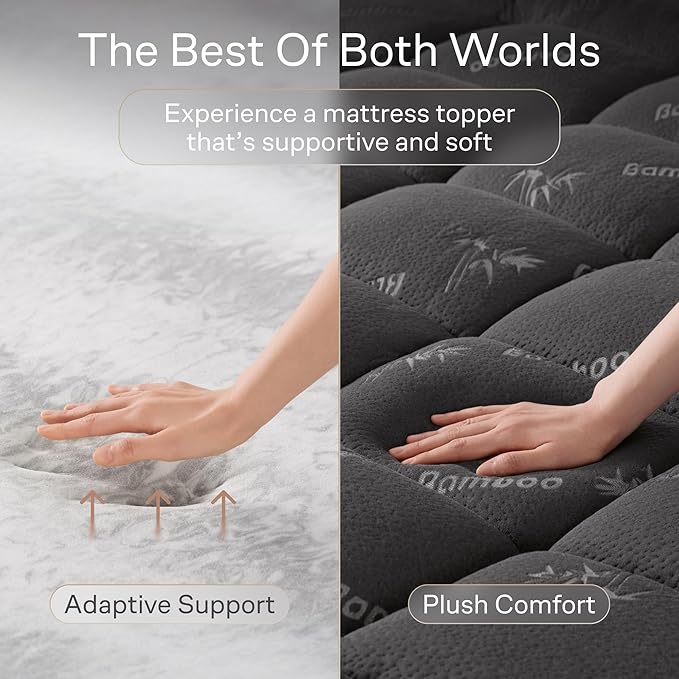 Dual-Layer 4 Inch King Size Mattress Topper - 2” Memory Foam + 2” Viscose Made from Bamboo Mattress Pad - Double the Comfort & Back Support - Removable & Machine-Washable Cover, Dark Gray
